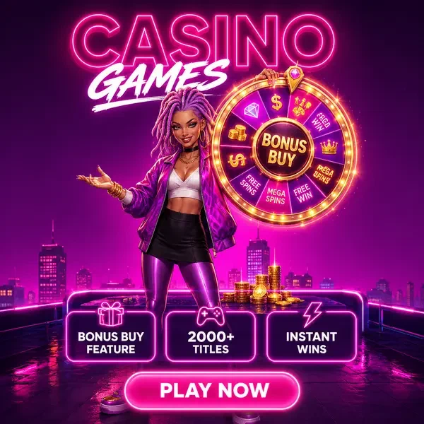 The Money MC präsentiert BroWinner Casino-Spiele mit leuchtendem Preisrad auf Neon-Dach