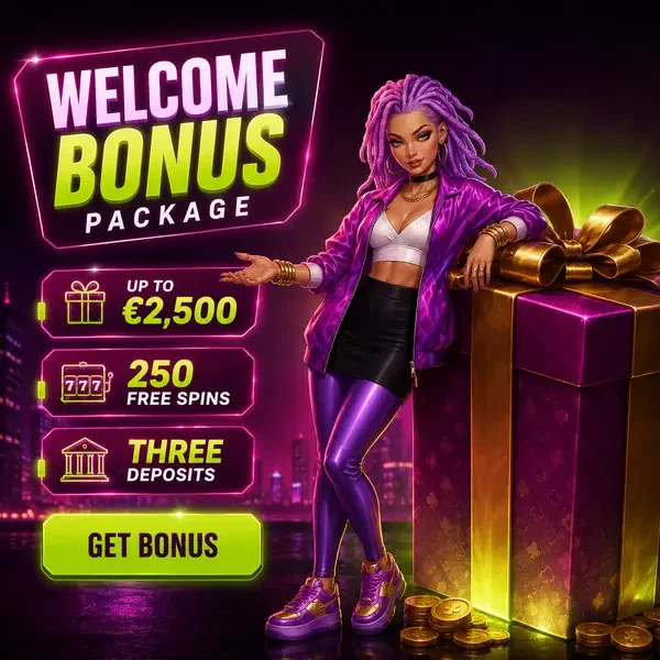 BroWinner Willkommensbonus-Truhe leuchtend auf Neon-Dach mit Geschenkbox-Überraschung
