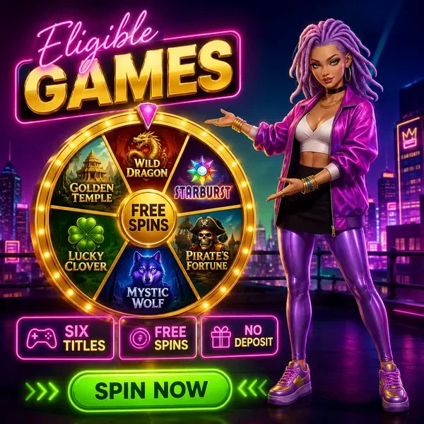 Neon-Preisrad, das BroWinner No-Deposit-Bonus-Spiele mit sechs berechtigten Titeln präsentiert