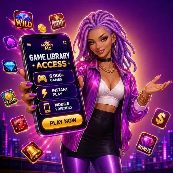 Spieler interagiert mit [Brand] Mobile App, die umfangreiche Spielbibliothek auf Smartphone zeigt